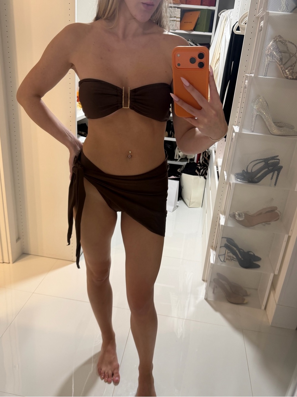 Classic Strapless Bikini Set with Sarong - Brown
